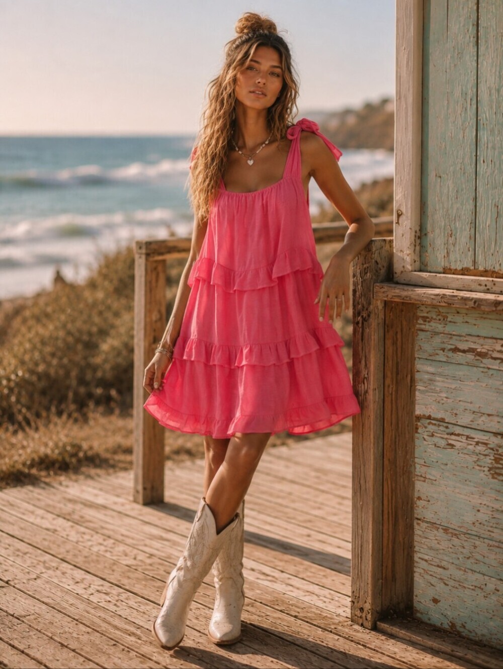 HYFVE Coral Tiered Ruffle Mini Dress Tie Shoulder Straps Boho Coastal Cowgirl